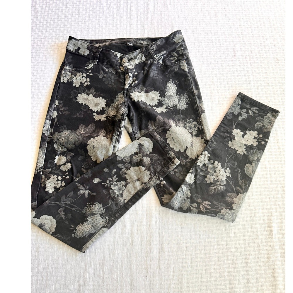 Pimkie Dark Floral Skinny Jeans Black Grey Botanical Print Denim EU38 Whimsigoth